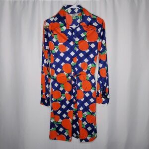 Cole Vtg 60s Point Collar Dress Medium Red Apples Nylon Button Drawstring Pocket